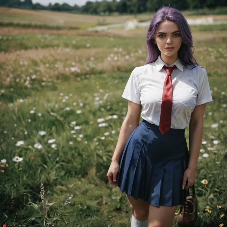 1 girl, 18 years, on field, brown shoes, White socks, blue school skirt, White shirt, purple hair, green eyes, standing, red  tie,