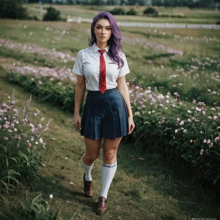 1 girl, 18 years, on field, brown shoes, White socks, blue school skirt, White shirt, purple hair, green eyes, standing, red  tie,