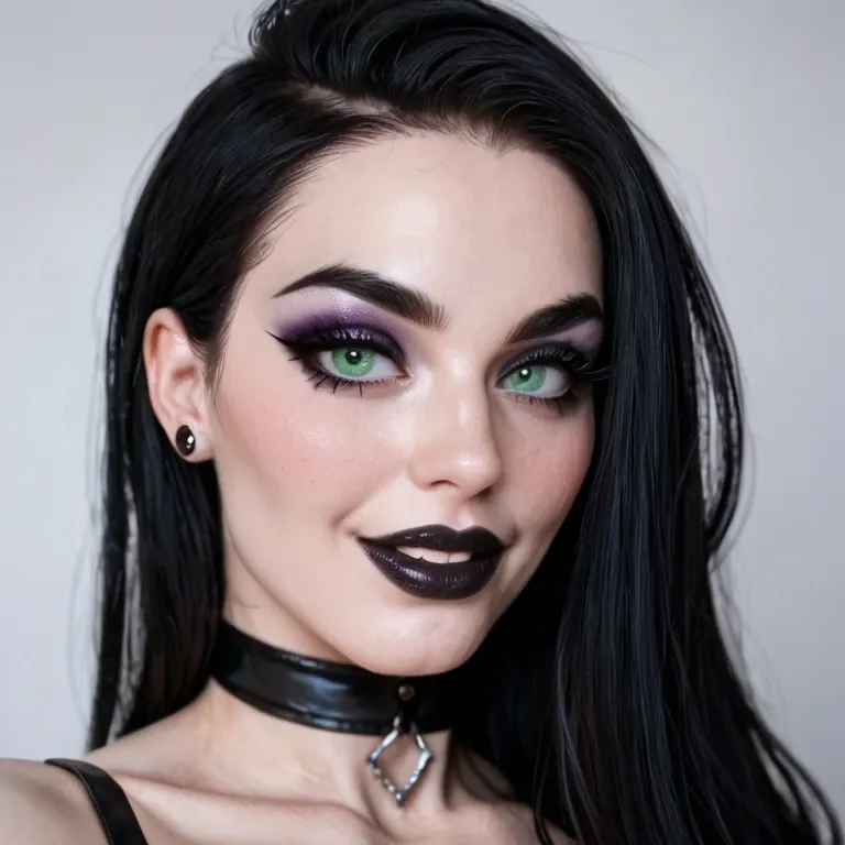 a sexy goth woman, extreme eyeliner, thick black eyeliner, winged eyeliner, huge eyelashes, black lipstick, very thin sculpted eyebrows, heavy blush, white foundation, extreme purple eyeshadow, green eyes, very pale skin, long black hair, smiling, playful, teasing, cute, curvy, large earrings, choker