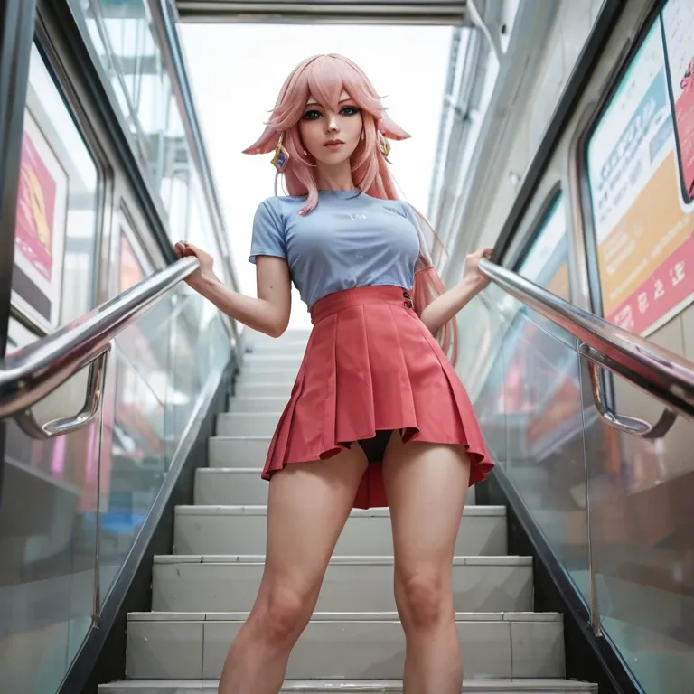 Yae Miko from Genshin Impact, wearing a blue shirt, pink skirt, black silk panties, climbing an escalator, view under the skirt