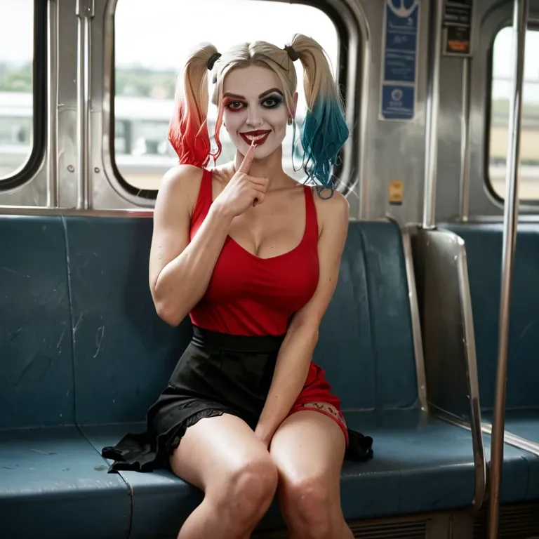 Harley Quinn sitting on a dirty subway train with no underwear putting a finger to her lips