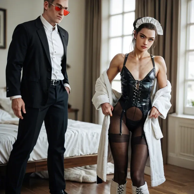 1girl,1boy, , , , machine,elbow,flat chest,waists,broad shoulders, bathrobe,white socks,maid hat,laced bodysuit,knee boots, undressing,black pantyhose,red sunglasses,bra,heels, nightgown,gold anklets,black belt,latex corset,heels, glass shower, in a garden, spaceship, bdsm rope, western cartoon, dark elf, samus, sweetie belle, waifu