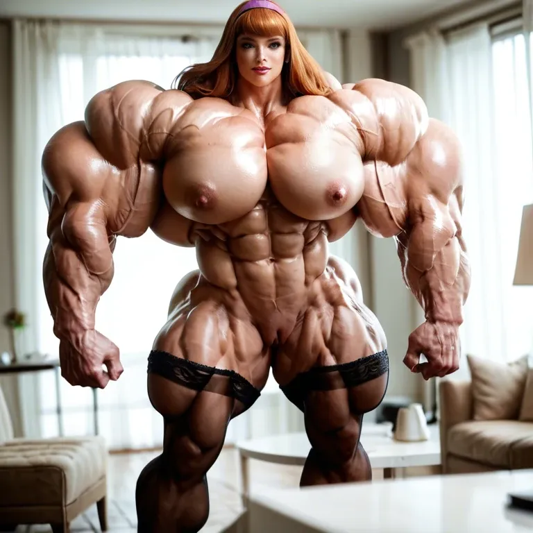 Daphne Blake, hyper massive muscles female, massive muscles, hyper gigantic massive muscles, massive muscles, hyper gigantic muscles, hyper gigant muscles, hyper giant muscles, hyper muscle tank, nude pectorales, lingerie stockings, gaped pussy, home