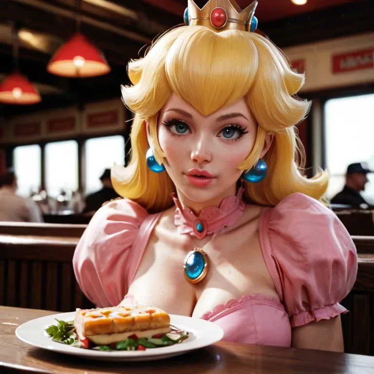 Princess peach from mario is having dinner at a restaurant