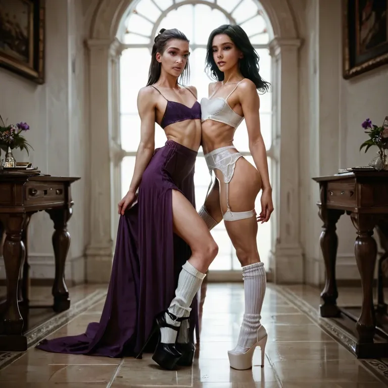 2girl, , , , cheek,long toes,flat chest,breast press,bare shoulders, purple dress,baggy socks,strings,one-piece,platform heels, pants,white socks,garter belt,bra,knee boots, collared shirt,tight fishnets,strings,leotard,high heels, couch, sparkling, tavern, dildo, linked, spider-gwen, waifu