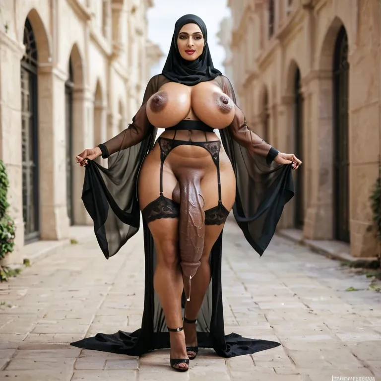 detailed face, solo curvy gorgeous muslim bimbo futanari milf, huge fat inflated saggy tits with huge dark areolas, huge erect cock with precum, garter belt and black hijab and opened transparent black robe, naked, moaning orgasm