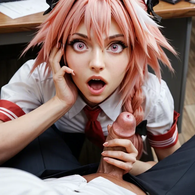 Handjob, astolfo, office, under the table, surprised by cock size