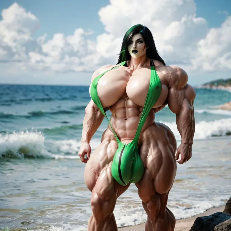 Shego, hyper massive muscles female, massive muscles, hyper gigantic muscles, hyper gigant muscles, hyper giant muscles, hyper muscle tank, pectorales, sling bikini, bigger Futanari Cock bulge, beach