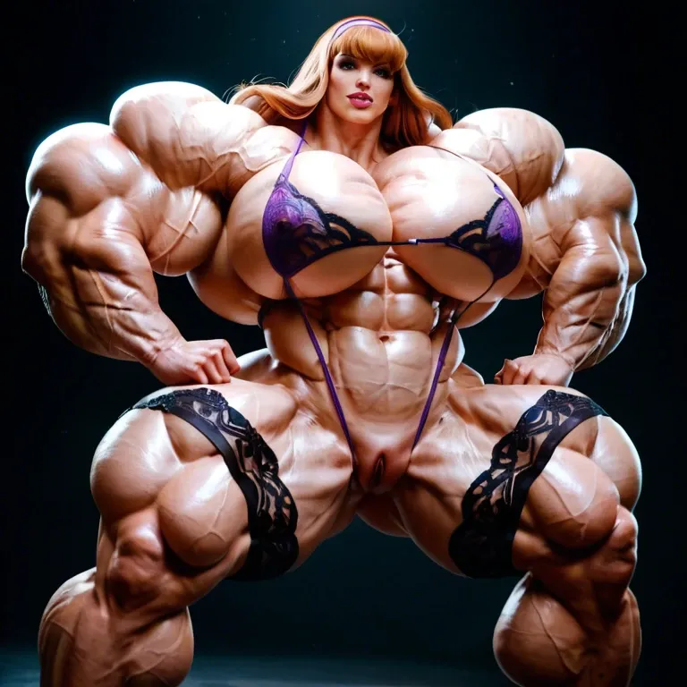 Daphne Blake, hyper massive muscles female, massive muscles, hyper gigantic massive muscles, massive muscles, hyper gigantic muscles, hyper gigant muscles, hyper giant muscles, hyper muscle tank, nude pectorales, lingerie stockings, gaped pussy, home