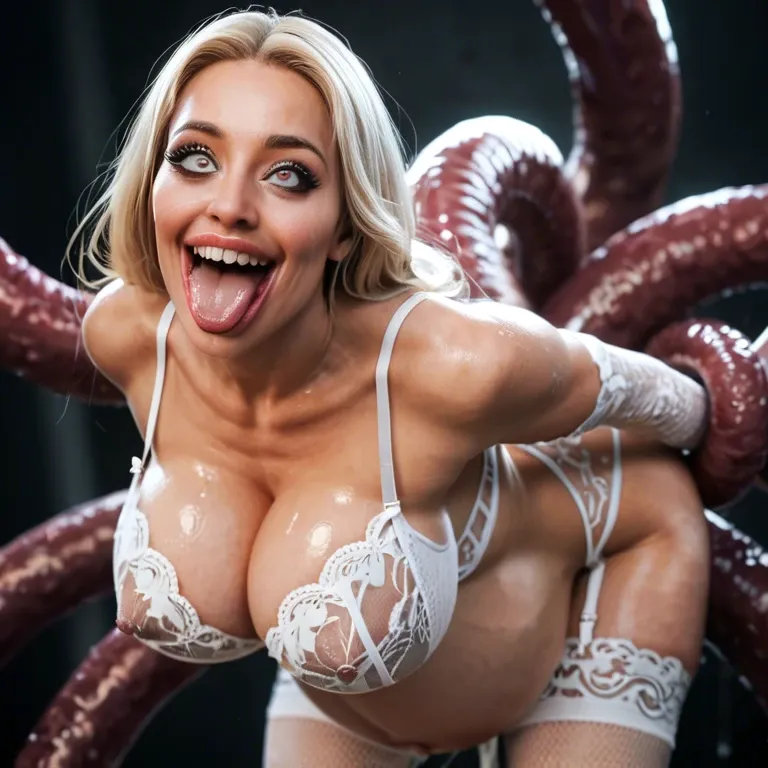 solo very pregnant lingerie bimbo , extremely squint-eyed wide-eyed blissfully smiling ahegao orgasm, double-fucked by huge creepy tentacles with huge cumshots, huge fat fake over-inflated massive silicon tits with puffy nipples, lactation, puddle of cum