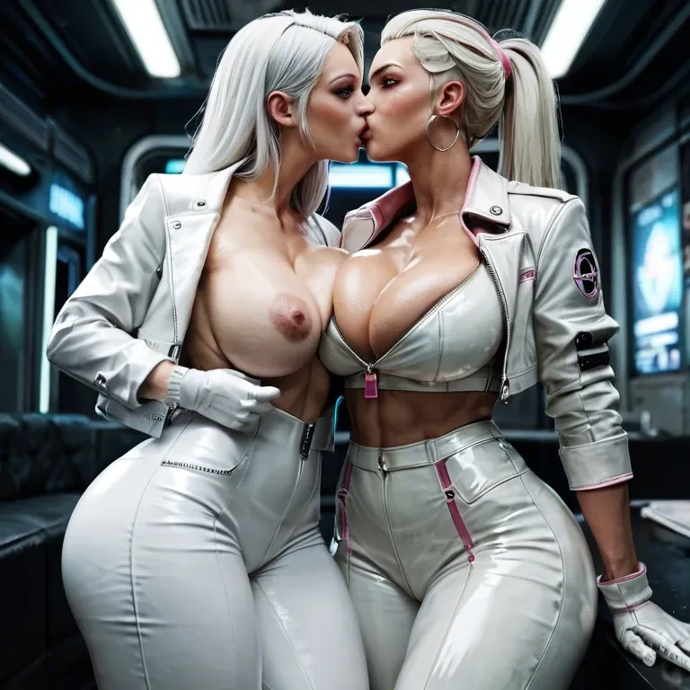 Female robot android, white hair, pink eyes, white leather jacket with a zipper, white pants, white gloves, futuristic, big breasts, massive ass, front facing, 2 girls, kissing