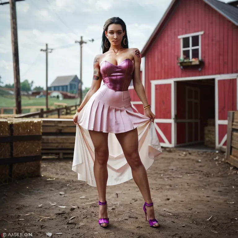 1girl,solo, , , , lustful eyes,legs wide,round boobs,super wide hips,shoulder tattoo, lifting skirt,purple necklace,gold bracelets,pink leotard,heels, barn, streets, cyberpunk, dildo, bondage outfit, illustration, sunlight, zelda, ariel waifu