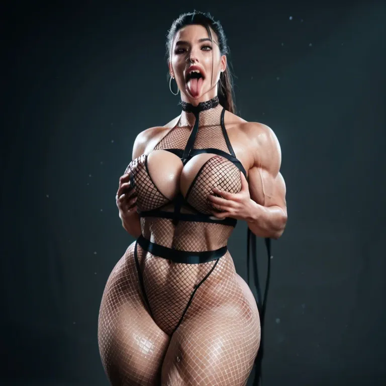 1girl,solo, , , , thick tongue,arms tied,big boobs,narrow hips,bare shoulders, thin nose,fishnet thighs,huge boobs,pec grabbing,fat neck, balls on nose,large biceps,perky breasts,waists,shoulder, shirt,baggy socks,cap,crotchless,heels, restrained, medieval tavern, hands on table, source anime, backlit, sweetie belle