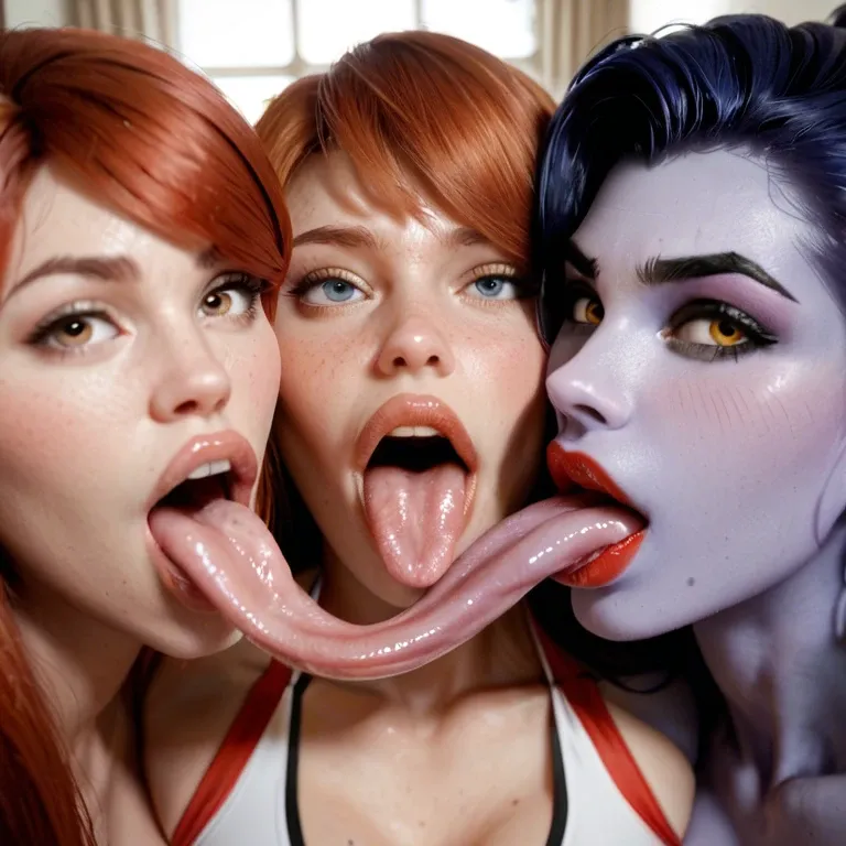 3girls, , , , , Mary Jane (Spider-Man), Violet Parr (The Incredibles), Widowmaker (Overwatch), lipstick, ahegao, ecstasy, impossibly long tongue, plump lips, licking, blushing, squeezing breasts