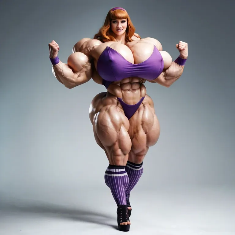 Daphne Blake Cosplay Costume, hyper massive muscles female, massive muscles, hyper gigantic massive muscles, massive muscles, hyper gigantic muscles, hyper gigant muscles, hyper giant muscles, pectorales,