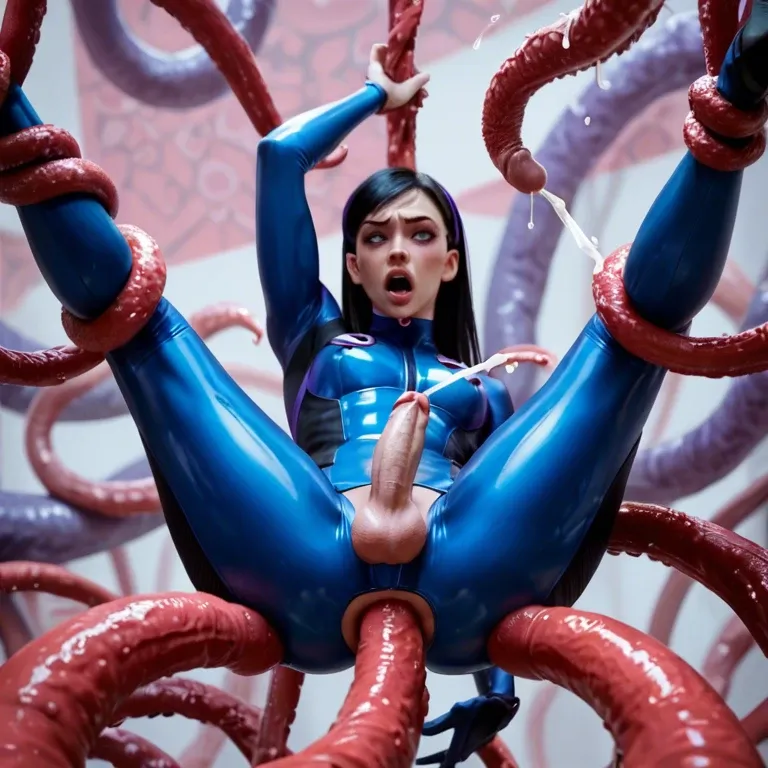 giant tentacles anal, tentacles background, immobilized, legs in air, arm up, trap micro penis cumshot on herself, crotch cutout tight blue suit, Violet Parr, hopeless, pain