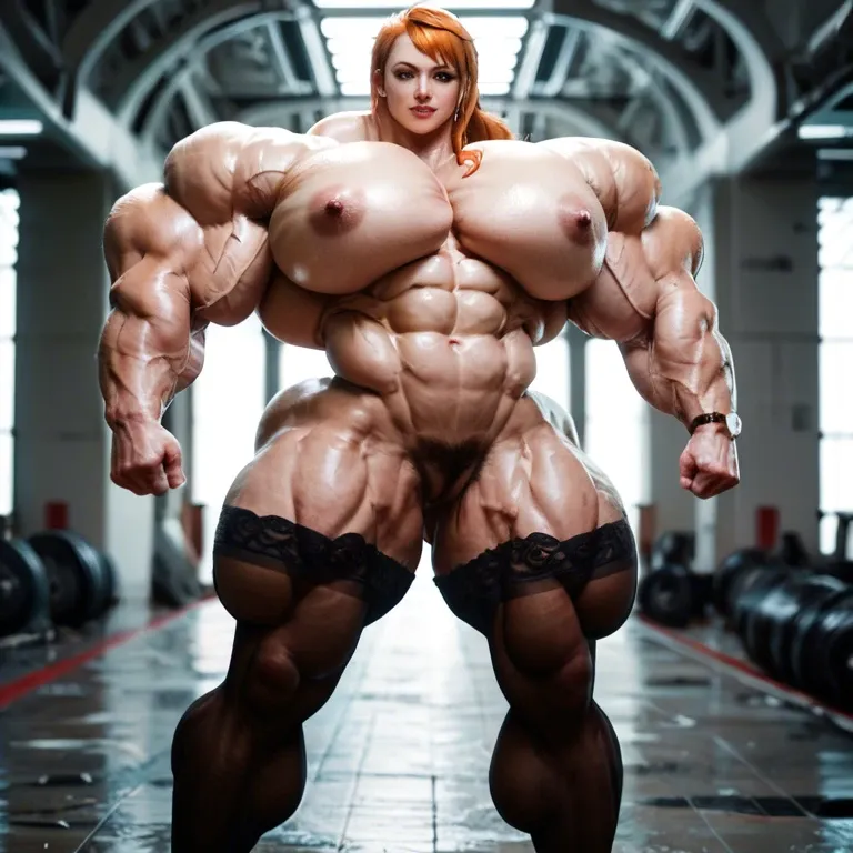 Nami, hyper massive muscles female, massive muscles, hyper gigantic massive muscles, massive muscles, hyper gigantic muscles, hyper gigant muscles, hyper giant muscles, hyper muscle tank, nude pectorales, hairy pussy, lingerie stockings, gaped pussy, home futa