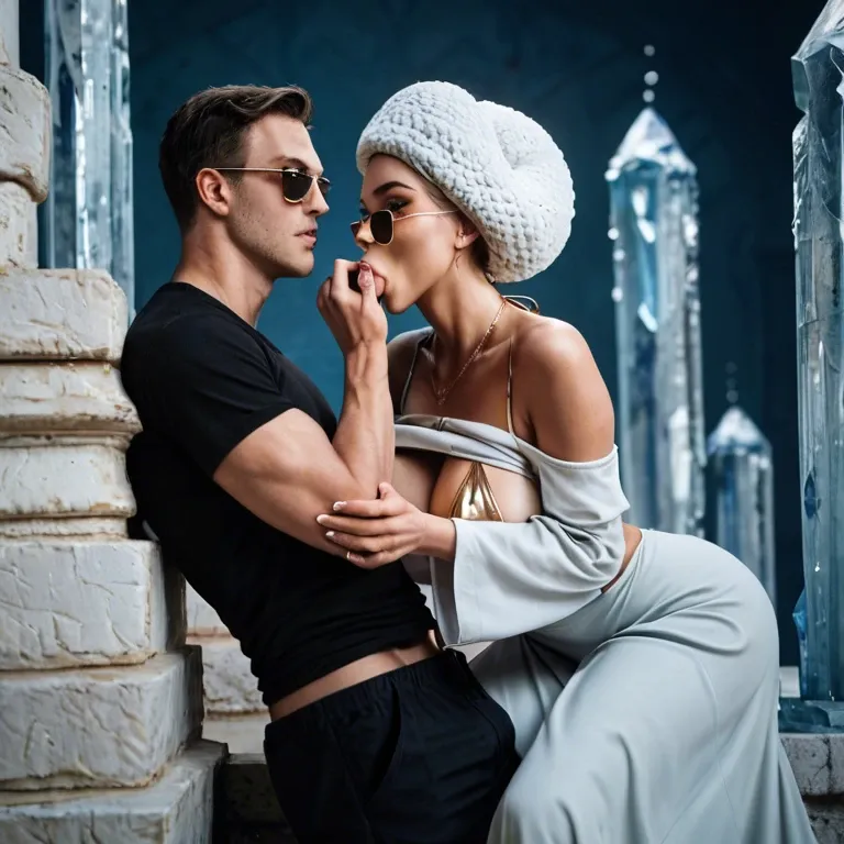 1girl,1boy, , , , gold eyes,warm,nipple sucking,blue background,off shoulders, gray t-shirt,ice palace,wool hat,bikini top lift,platform heels, long dress,socks,sunglasses,white bikini,white boots, school bathroom, restrained, medieval prison, detailed lips, dark blue hair, dynamic view