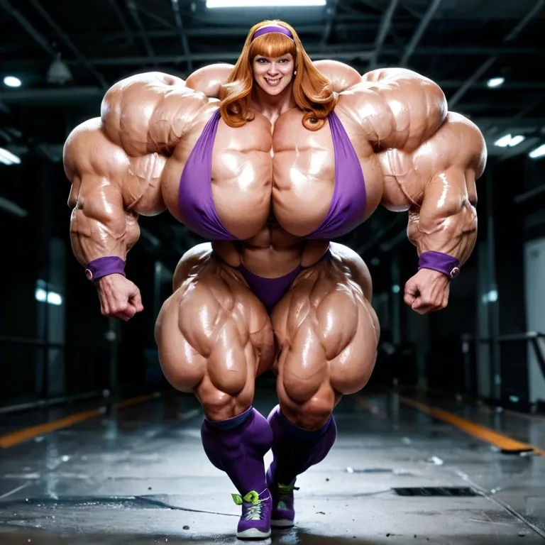 Daphne Blake Cosplay Costume, hyper massive muscles female, massive muscles, hyper gigantic massive muscles, massive muscles, hyper gigantic muscles, hyper gigant muscles, hyper giant muscles