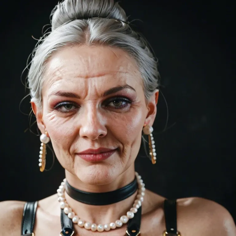 70 years old, old white woman, wrinkles, cute face, sexy, posh, grey hair, hair bun, bold makeup, pearl necklace, pearl earrings, black leather harness, golden high heels, golden opera gloves, black garter belt, skirt lifted, missionary anal sex, cum, brutal, screaming, top down view