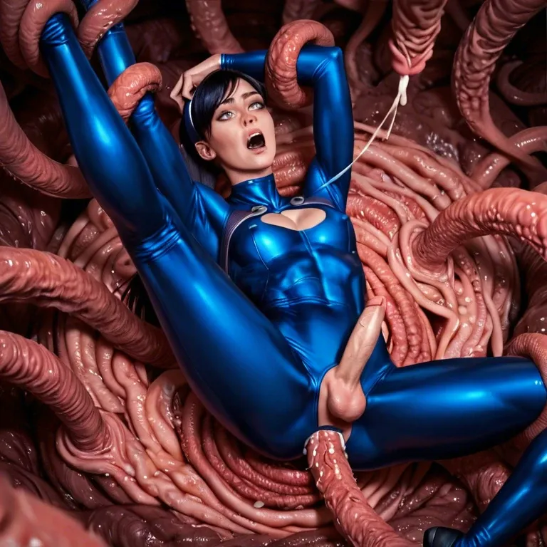 giant tentacles anal, tentacles background, immobilized, legs in air, arm up, trap micro penis cum, crotch cutout tight blue suit, Violet Parr, hopeless, pain