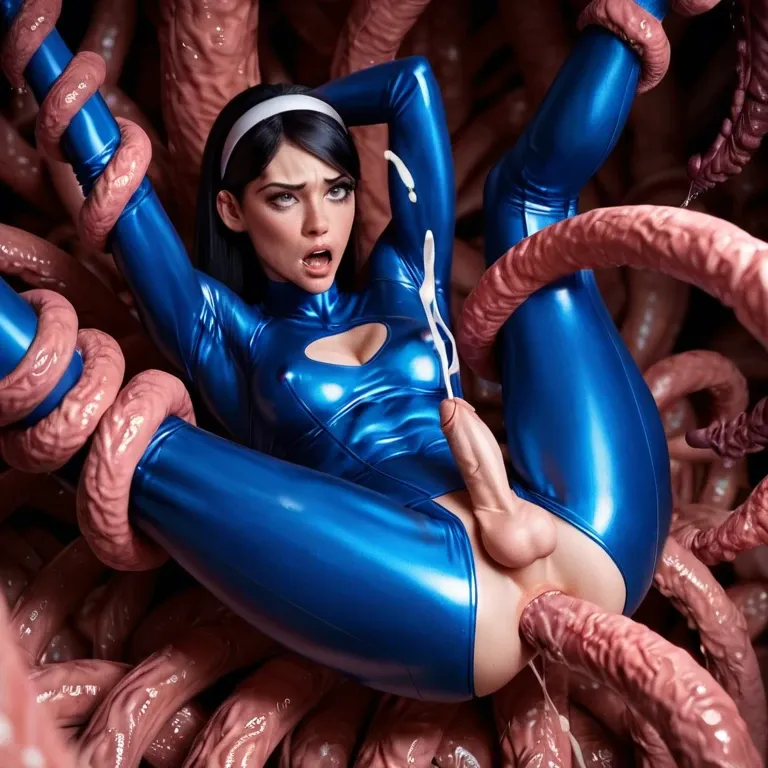 giant tentacles anal, tentacles background, immobilized, legs in air, arm up, trap micro penis cumshot on herself, crotch cutout tight blue suit, Violet Parr, hopeless, pain