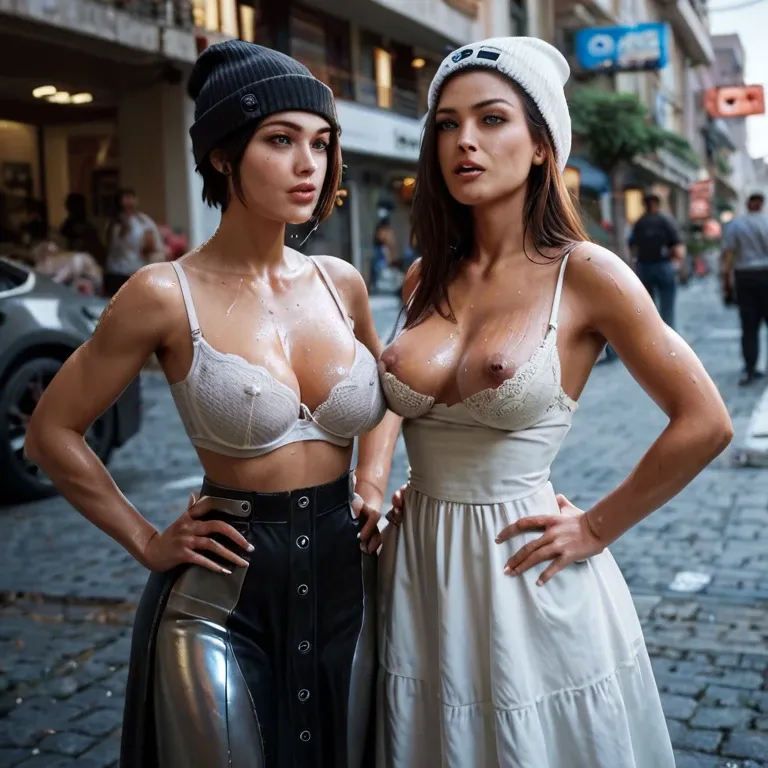 2girl, , , , cock in mouth,hands on hips,pointy nipples,thin waist,brown skin, sundress,lace,beanie,pull wet bra,armored boots, gamer bedroom, crowded street, spaceship, anime coloring, bright-lit room, mario and luigi, wonder woman