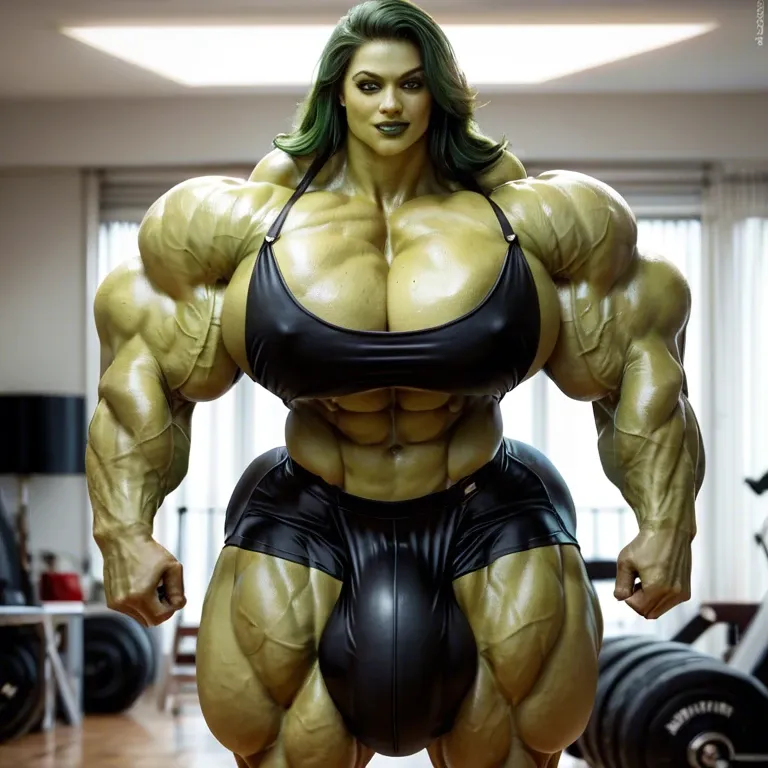 Marvel costume, she hulk, hyper massive muscles female, hyper gigantic muscles, hyper massive muscle buffet, hyper gigant muscles, hyper giant muscles, hyper muscle tank, pectorales, bigger Futanari Cock bulge, home