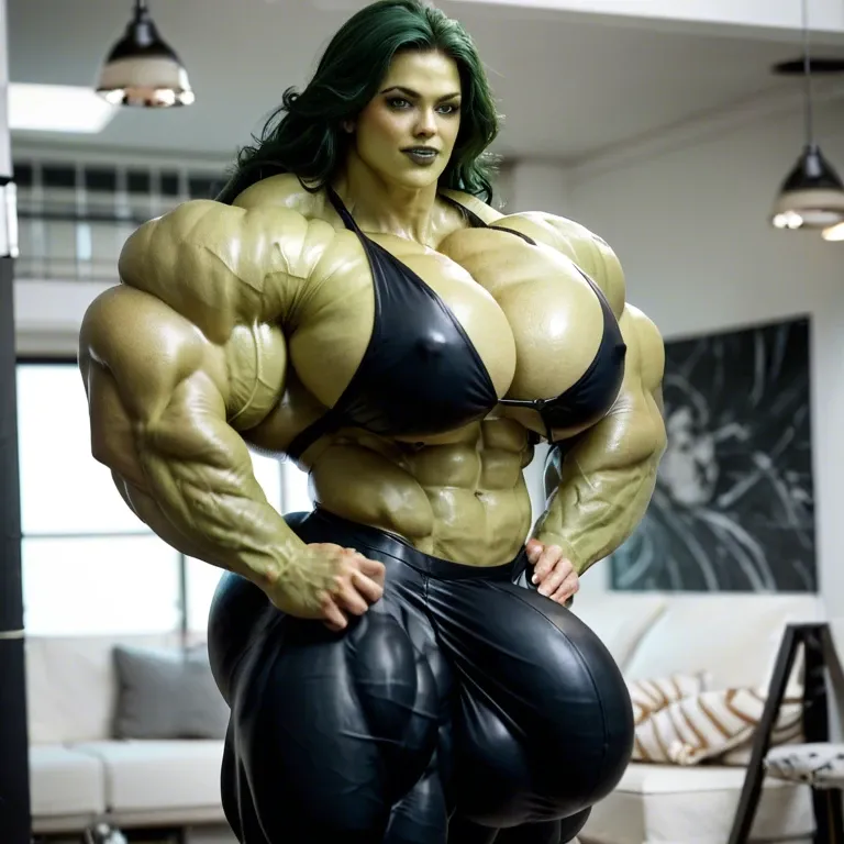 Marvel costume, she hulk, hyper massive muscles female, hyper gigantic muscles, hyper massive muscle buffet, hyper giant muscles, hyper muscle tank, pectorales, bigger Futanari Cock bulge, home