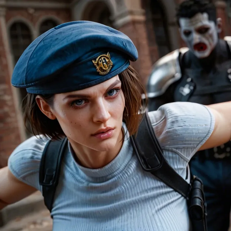 Jill Valentine beautiful sexy bitch, action pose, dynamic camera angle, extreme close-up, resident evil, fitted beret, dark blue shoulder pads, light blue t-shirt, wandering the dark zombie infested hallways of the Spencer mansion, highly detailed, dramatic pose, dynamic lighting and shadows, bokeh, dramatic angle, extreme angle shot, night time, she shoots a zombie with her gun