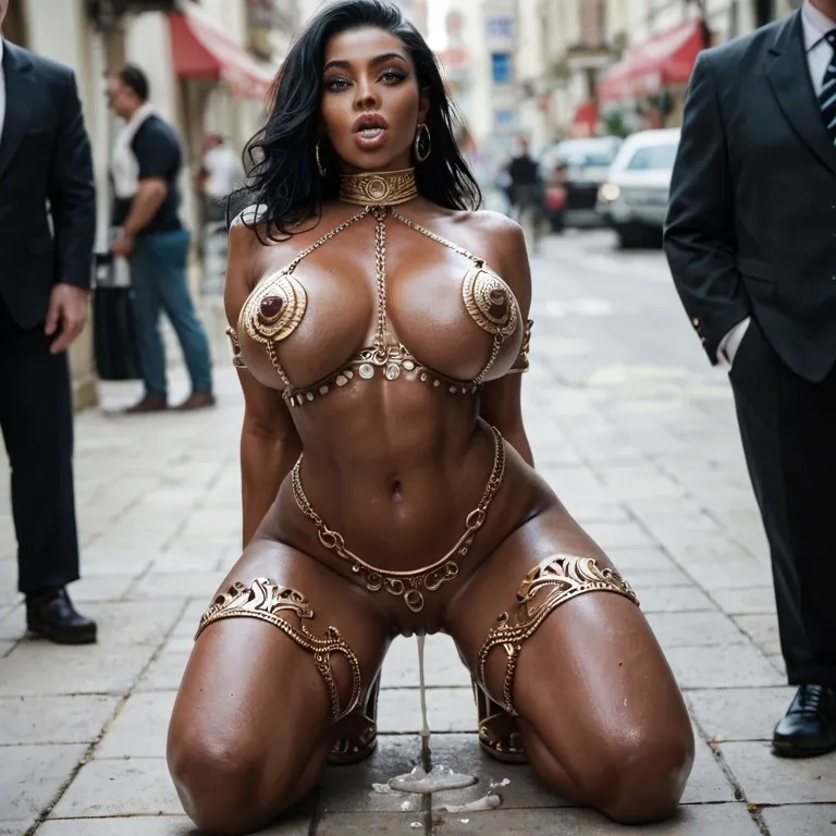 in public, 1 man, 1 young woman, slave, sexy slave uniform, extremely beautiful face, very detailed face and pussy lips, creampie, big open eyes, very dark black skin, black hair, extremely gigantic natural tits, tits wide spread, natural detailed big aerola, flashing nude tits and pussy, crawling, on a leash, sweeting skin,