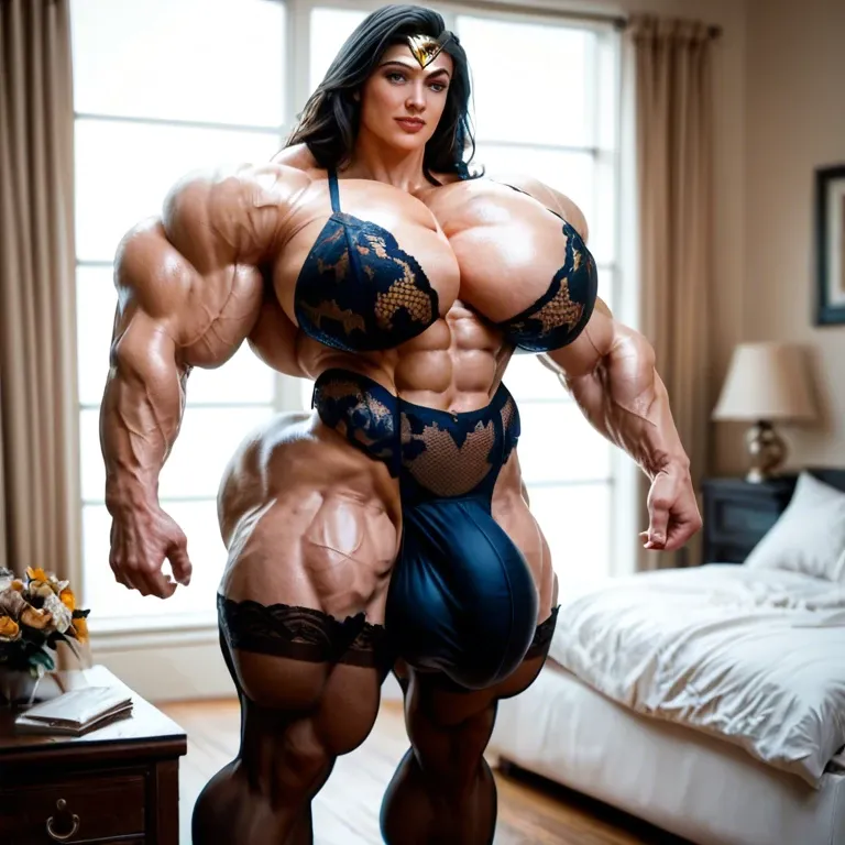 Wonder woman, hyper massive muscles female, massive muscles buffet, hyper gigantic muscles, hyper gigant muscles, hyper giant muscles, hyper muscle tank,  nude pectorales, lingerie stockings, bigger Futanari Cock bulge, home