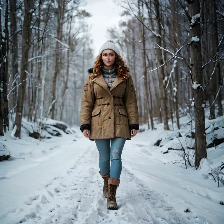 woman with shoulder-length wavy brow hair, she is walking in a forest that is very frosty and the ground is white, she is wearing thick winter clothes, snow