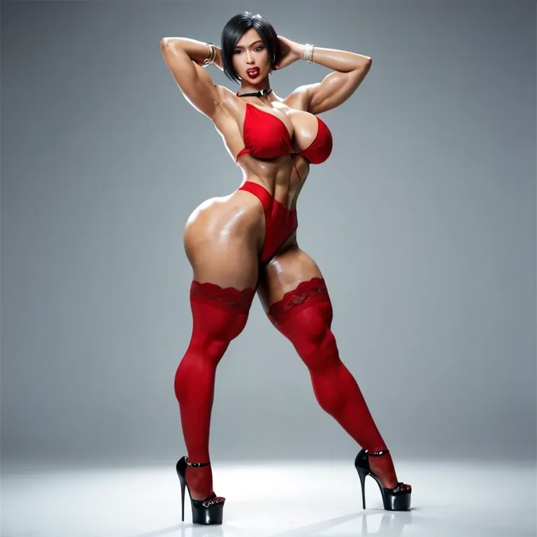 Ada Wong, dancing stripteases, extreme big tits, big ass, African skin, slender figure, muscular thighs, bimbo, red stockings, red thongs, heels, disgusting, looking at the viewer  from the third person, full body, front portrait