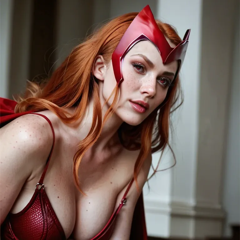 Freckles,petite body,long legs,skinny,long ginger hair,scarlet witch