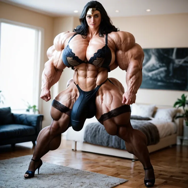 Wonder woman, hyper massive muscles female, massive muscles buffet, hyper gigantic muscles, hyper gigant muscles, hyper giant muscles, hyper muscle tank,  nude pectorales, lingerie stockings, bigger Futanari Cock bulge, home