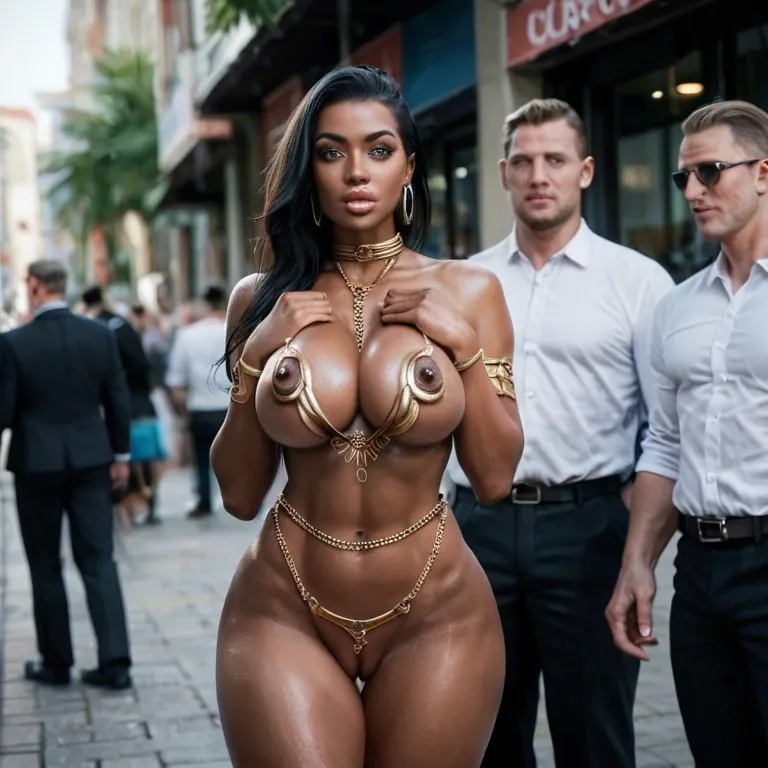 in public, 1 man, 1 young woman, slave girl, sexy slave uniform, extremely beautiful face, very detailed face and pussy lips, big open eyes, big lips, black hair, dark skin, extremely gigantic, natural tits, tits wide spread, natural detailed big aerola, flashing nude tits and dripping pussy, walking on a leash, sweeting skin