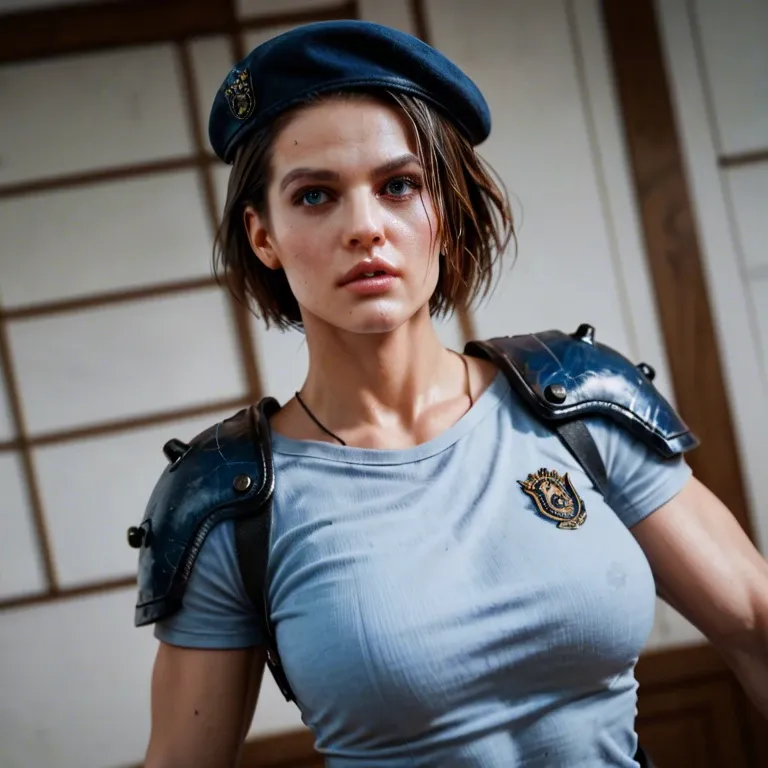 Jill Valentine beautiful sexy bitch, action pose, dynamic camera angle, extreme close-up, resident evil, fitted beret, dark blue shoulder pads, light blue t-shirt, wandering the dark zombie infested hallways of the Spencer mansion, highly detailed, dramatic pose, dynamic lighting and shadows, bokeh, dramatic angle, extreme angle shot, night time, she shoots a zombie with her gun