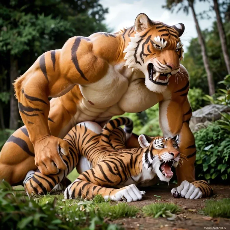 Furry only, anthro, two males, gay, sabertooth tiger, Anal penetration, abdominal bulge, rough, pounding, clenched teeth, size difference, outside, Doggystyle, drooling