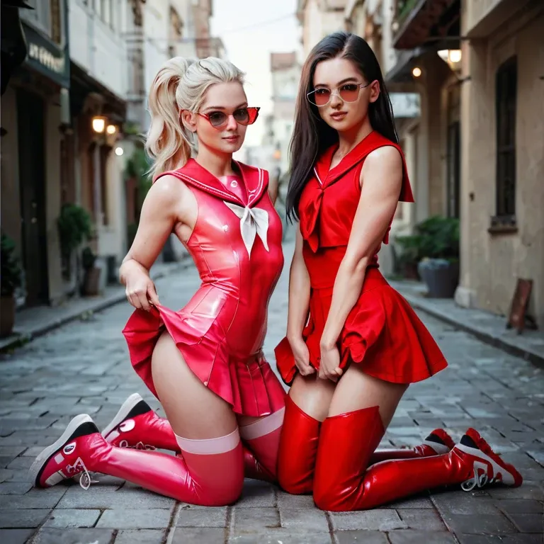 2girl, , , , cheek press,toes,flat chest,background,soft skin, red dress,pink stockings,sailor collar,string bodysuit,sneakers, lifting skirt,sexy stockings,red sunglasses,panties down,thigh boots, china dress,leg warmers,metal rings,black bra,stiletto heels, bathtub, crowded street, cyberpunk, riding dildo, cartoon, dark, wonder woman, ariel waifu