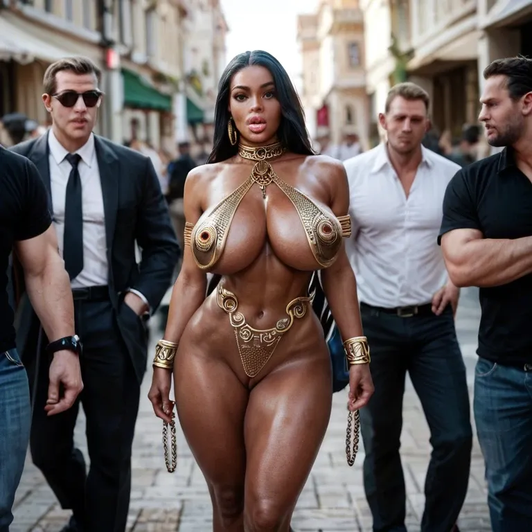 in public, 1 man, 1 woman, slave girl, sexy slave uniform, extremely beautiful face, very detailed face and pussy lips, big open eyes, big lips, black hair, dark skin, extremely gigantic, natural tits, tits wide spread, natural detailed big aerola, flashing nude tits and dripping pussy, walking on a leash, sweeting skin