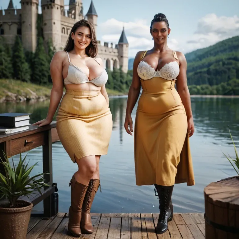 2girl, , , , red eyes,warm smile,show nipple,plump pecs,dark skinned, yellow dress,laced,suspenders,white bra,brown boots, office lady, lake, castle exterior, uncomfortable, source anime, dark makeup, wonder woman