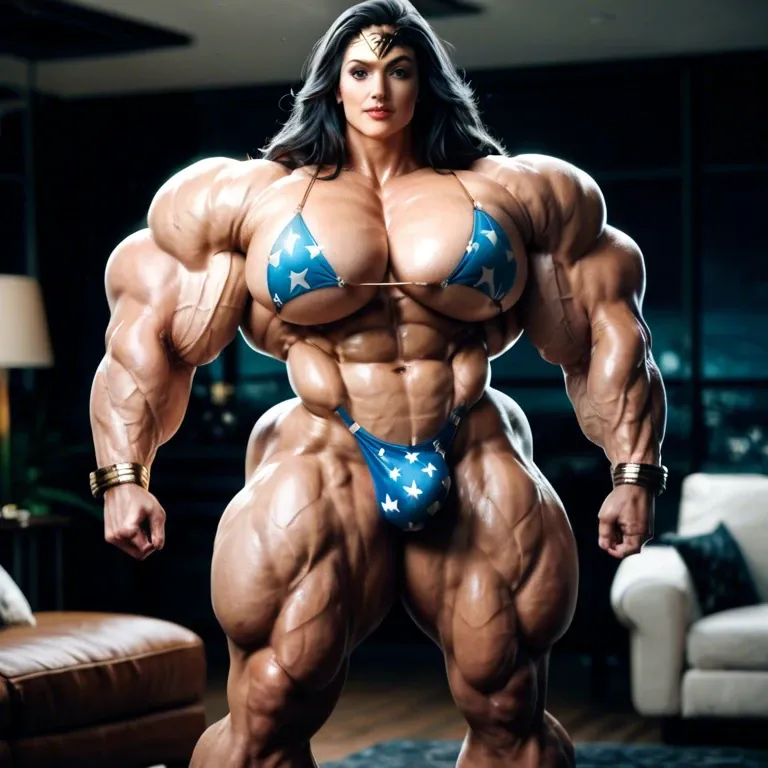 Wonder woman, hyper massive muscles female, massive muscles buffet, hyper gigantic muscles, hyper gigant muscles, hyper giant muscles, hyper muscle tank, nude, pecs, bikini bulge, home