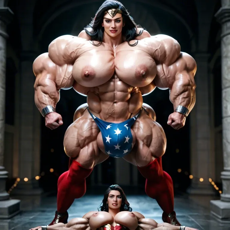 Wonder woman, hyper massive muscles female, massive muscles buffet, hyper gigantic muscles, hyper gigant muscles, hyper giant muscles, hyper muscle tank, nude pectorales, pecs, lingerie stockings, bigger Futanari Cock bulge, home