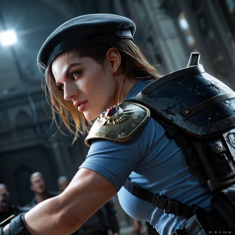 Jill Valentine beautiful sexy bitch, action pose, dynamic camera angle, extreme close-up, resident evil, fitted beret, dark blue shoulder pads, light blue t-shirt, wandering the dark zombie infested hallways of the Spencer mansion, highly detailed, dramatic pose, dynamic lighting and shadows, bokeh, dramatic angle, extreme angle shot, night time, she shoots a zombie with her gun