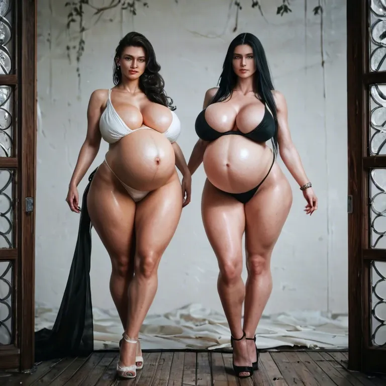 2girls, 20s, white skin, czech, pregnant,really long legs, super tall, really long hair, black hair, ponytaily, giant breasts, big ass, thick thighs, wide hips, spreaded legs, bedroom,on bed, tight top, latex suit, giant pregnant belly, breasts full of milk, about to burst