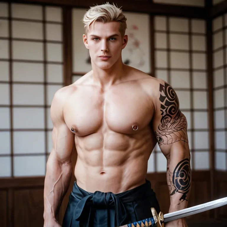 (photo-realistic,ultra realistic 8k CG:1.2),perfect artwork,delicate pattern, Caucasian Sumari, black hakama outfit, ninja, Japanese sword, muscular male, dragon tattoos, nipple piercing , blonde hair, full view ------------------------------- (silk Ribbon in front,thin cloth:1.3),earrings,filigree,detached sleeves,wide sleeves,  ------------------------------- (horizon,longView,distant,Leaves and plant in front:1.2),(dark background:1.2), -------------------------------  (hair ornament,forehead mark,cowboy shot,silver trim,high ponytail, metal trim,bra,see-through:1.3),(dark sky:1.3),  standing in dojo