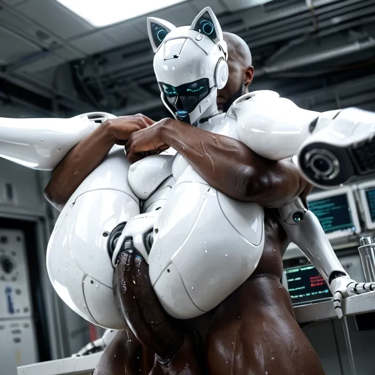 Laboratory,sex,black skinned man,giant black penis,holding legs,carry,full nelson,robot,white bot,big ass,cat ears, electronic face,sweat