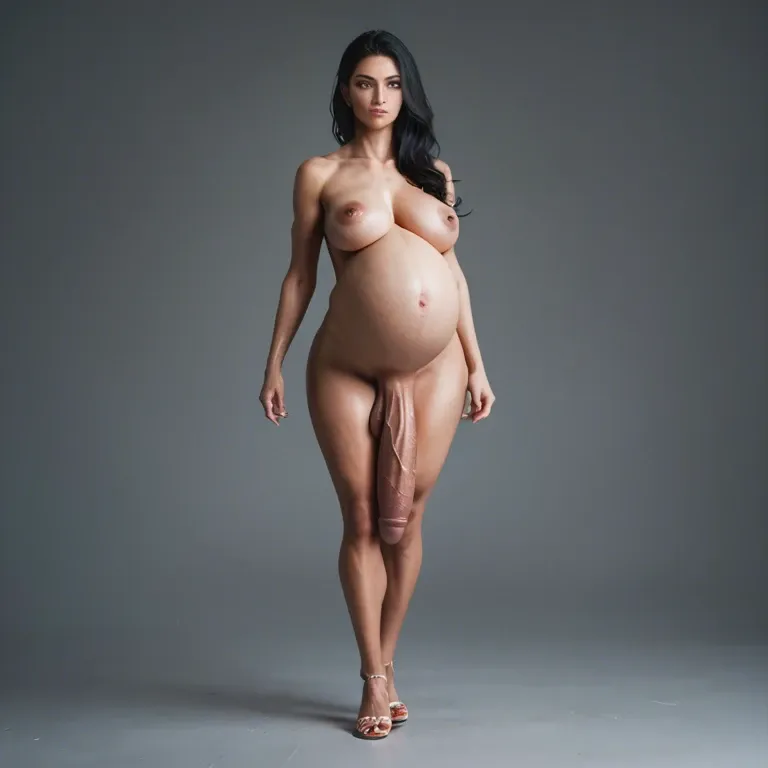 1girl, standing, naked, big tits, long black hair, brown eyes, full body, pregnant, huge erect cock