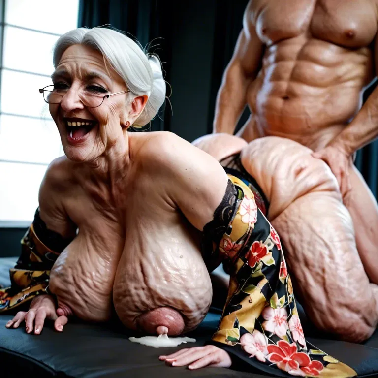 cartoonish view of solo very fat cellulite wrinkled granny, moaning seductive smile, lace lingerie and open silk kimono, huge fat fake over-inflated massive silicon saggy lactating tits with puffy nipples, fucking doggy style, ass up